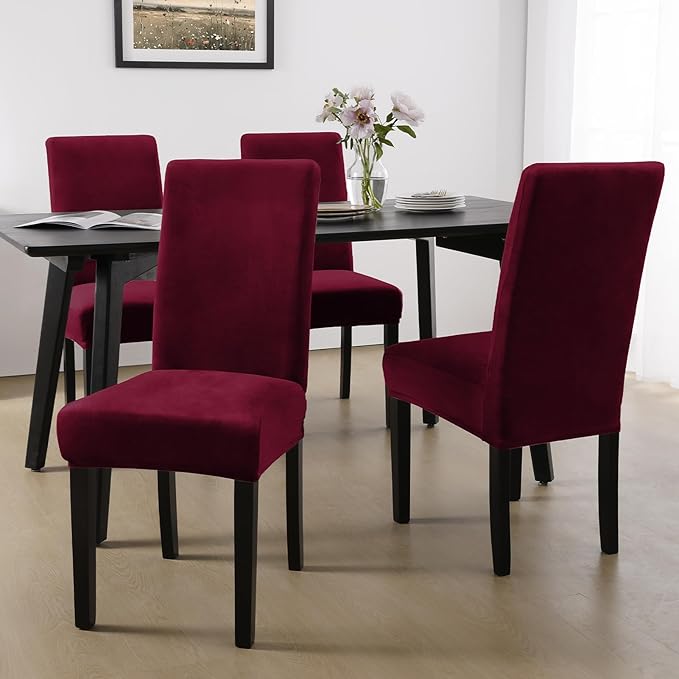 MOSAYT Velvet Stretch Chair Covers for Dining Room Set of 4 - Soft Slipcovers with Thick Removable Fabric for Parsons Chairs, Washable Seat Protectors for Kitchen, Banquet & Home Decor, Wine Red