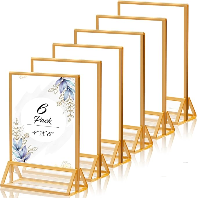 PPH-Sisy Gold Picture Frame 4X6 Acrylic Sign Holder Double Sided Clear Acrylic Frames Display Stand, Plastic Sign Holder for Wedding Table Numbers Menu Holder (6 Pack)
