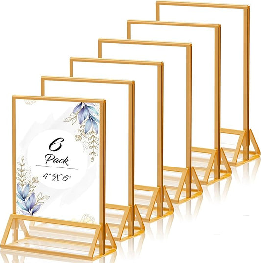 PPH-Sisy Gold Picture Frame 4X6 Acrylic Sign Holder Double Sided Clear Acrylic Frames Display Stand, Plastic Sign Holder for Wedding Table Numbers Menu Holder (6 Pack)