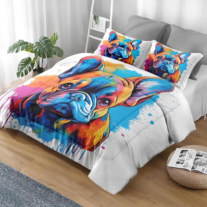 Pamnest Comforter Set Twin Size, Cute Dog Vintage Soft 2 Pcs Bedding for Kids and Adults, French Bulldog Colorful Comforter Set with Pillowcase, for Bedroom Bed Decor