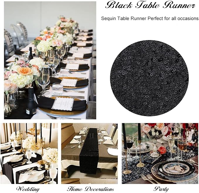 SoarDream Black Table Runner 10 Packs 12x72 Inches Sequin Metallic Fabric Glitter Table Runner for Party Birthday Holiday Event Supplies Decorations