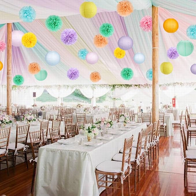 zilue Pastel Party Decorations, Paper Lanterns and Pom Poms Flowers for Birthday Party Baby Shower Easter Decor Pack of 15 Pieces