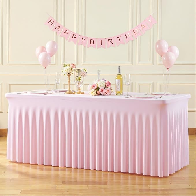 4 Pack 8ft Pink Spandex Table Cloths for Rectangle Tables Wrinkle Free Pink Rectangle Tablecloths Stretch Fitted Table Cover with Skirt for Baby Shower Girl Birthday Party Wedding Banquet Buffet
