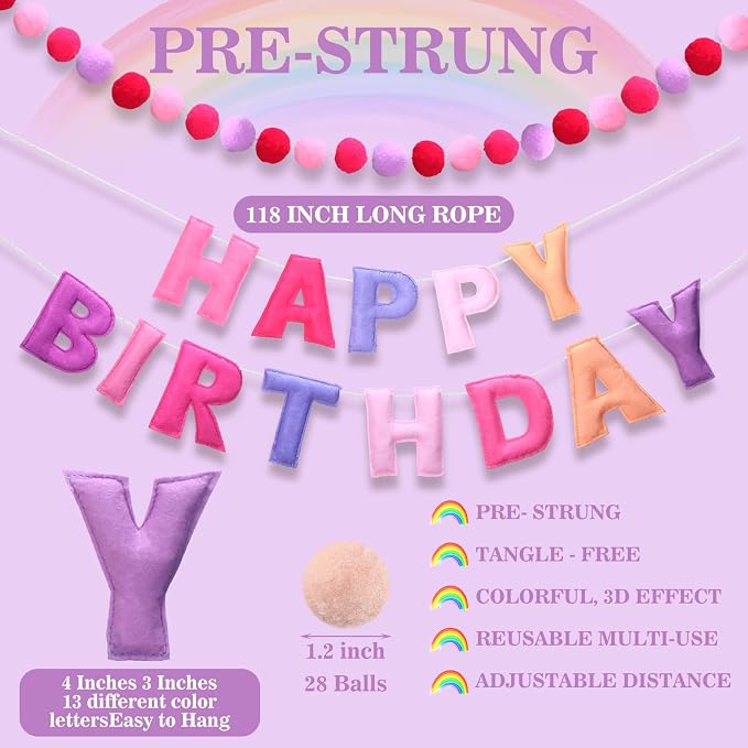 Mindsoft 2 Pcs 9.83ft Pre Strung 3D Happy Birthday Felt Fabric Banner with Ball Garland Reusable Pom Pom Garland for Birthday Party Decorations Sign Photo Prop Boys Girls(Pink Purple Color)