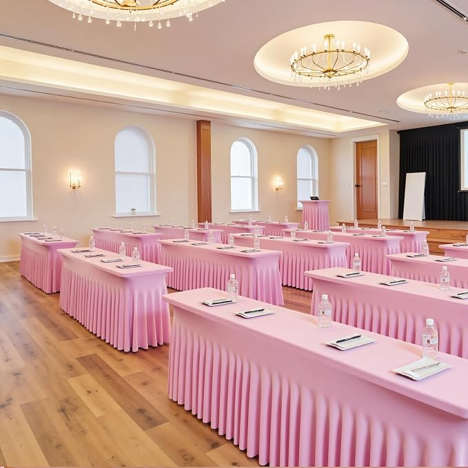 6 pk Baby Pink Spandex Tablecloth 8ft With Ruffled Table Skirt, Wrinkle Free Stretchy Fitted Tablecloths for 8 Foot Rectangle Tables, Elastic Spandex Table Covers for Weddings Parties Banquet