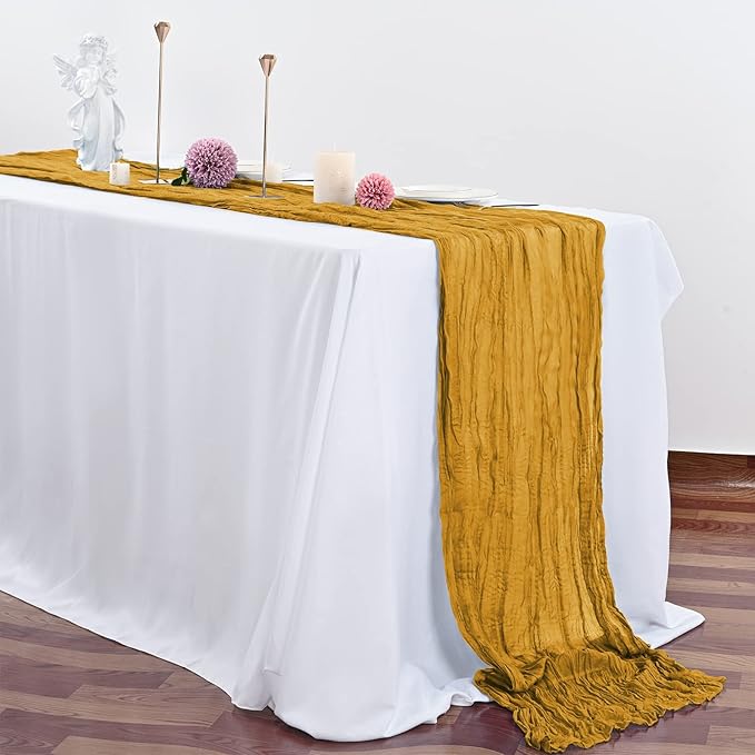 10 Pcs Mustard Cheesecloth Table Runner 10FT, Gauze Table Runner for Wedding Reception Sheer Bridal Shower Birthday Party Boho Table Decoration, Rustic Romantic Wedding Runner