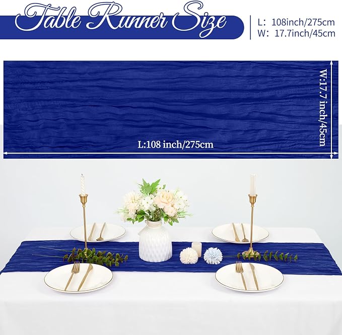 10 Pack Cheesecloth Table Runner 17 x 108 inch Long Boho Gauze Table Runners Semi Sheer Table Runner for Wedding Decor, Baby Shower, Birthday Party, Banquet (Royal Blue)