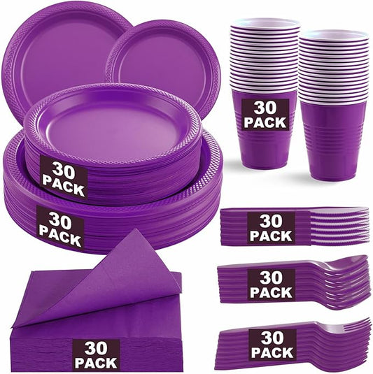 WELLIFE 210Pcs Purple Plastic Dinnerware Set, Party Supplies Including Party Plates and Cups and Napkins Sets for 30 Guests, Purple Plastic Plates