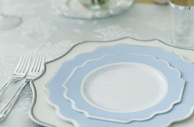 OCCASIONS 240 Heavyweight Disposable Plastic Plates (120 Guests) - Fancy Wedding Party Dinnerware, 120 Each 10.5" Dinner & 8" Dessert (Imperial in White/Blue & Silver)