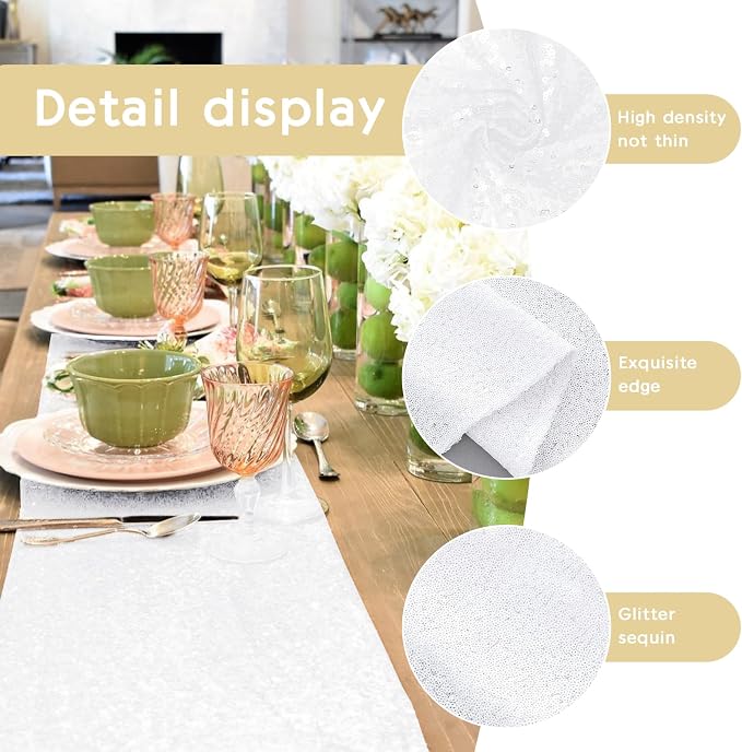 2 Packs 12 x 72 inches Sequin Table Runner, White Glitter Table Runner for Birthday Party Supplies Wedding Engagement Baby Shower Holiday Celebration Event Decorations