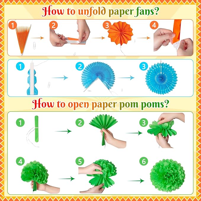 35PCS Fiesta Paper Fan Party Decorations Set | Cinco De Mayo Pom Poms, Pre-assembled Pennant, Garland String & Banner, Hanging Swirls, Hispanic Heritage Month Decor