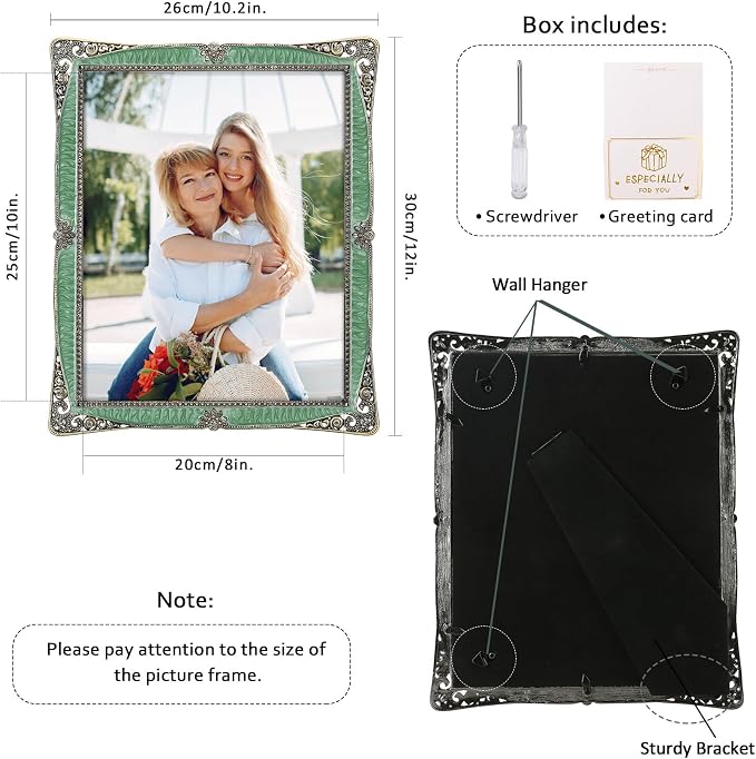 8x10 Vintage Picture Frame with Green Metal Brass Pearl for Wedding Decoration Photo Frame, Clear Glass Front Cover Ornate Antique Art Tabletop Display Unique Gifts, Horizontally & Vertically