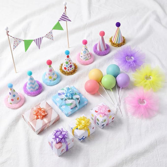 Weysat 22 Pcs Animal Birthday Party Decorations Animal Cake Cupcake Toppers with Mini Hat Gift Box Cake Flag Skirt Lollipop for Jungle Safari Dollhouse Themed Birthday Party Favor Supplies, No Animals