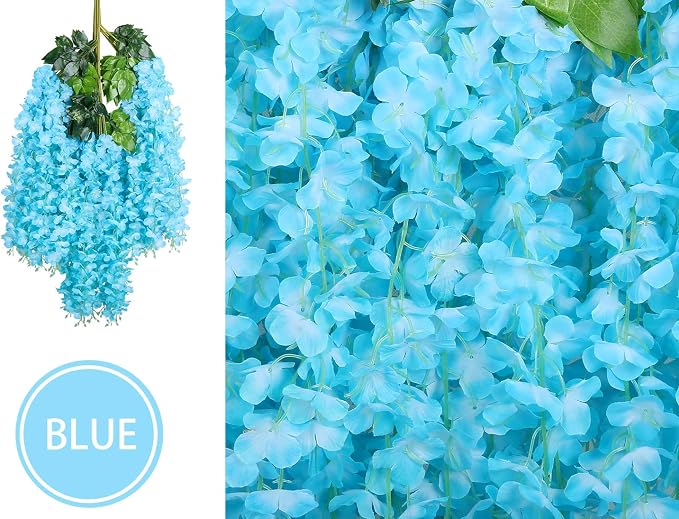 Pauwer Wisteria Hanging Flowers 12 Pack Fake Flower Garland Artificial Wisteria Vines Rattan Silk Flower String Wedding Party Wall Decorations,Blue