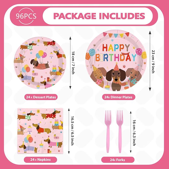 96Pcs Dachshund Dog Birthday Party Decorations, Serves 24 | Pink Wiener Dog Puppy Plates and Napkins Cartoon Puppy Pet Disposable Paper Tableware Set for Kids Birthday Party Supplies
