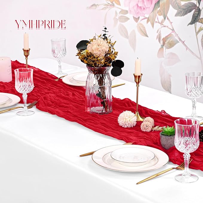 8 Pack Red Cheesecloth Table Runner 120 Inch 10FT Spring Boho Rustic Sheer Gauze Cheese Cloth Table Runner for Wedding Baby Shower Birthday Party Table Decor