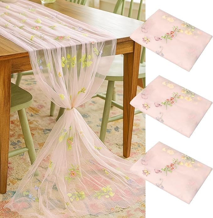 Lounsweer 3 Pcs Pink Wildflower Table Runner 10ft Embroidery Tulle Spring Floral Table Runner Seasonal Summer Butterfly Kitchen Dining Gauze Decoration for Wedding Baby Shower Birthday Party