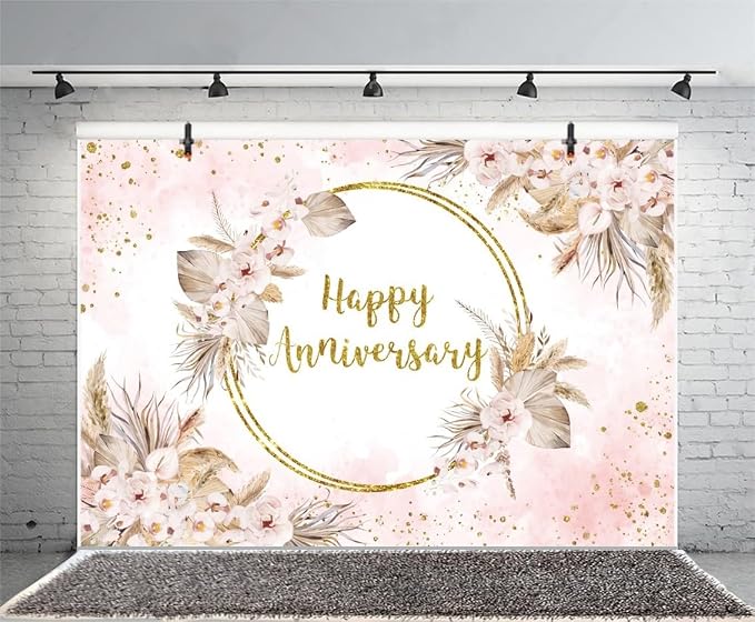7x5ft Boho Happy Anniversary Backdrop Bohemia Pampas Grass Floral Engagement Banner Cheers to Wedding Anniversary Bridal Shower Party Decorations Blush Pink Floral Photography Background