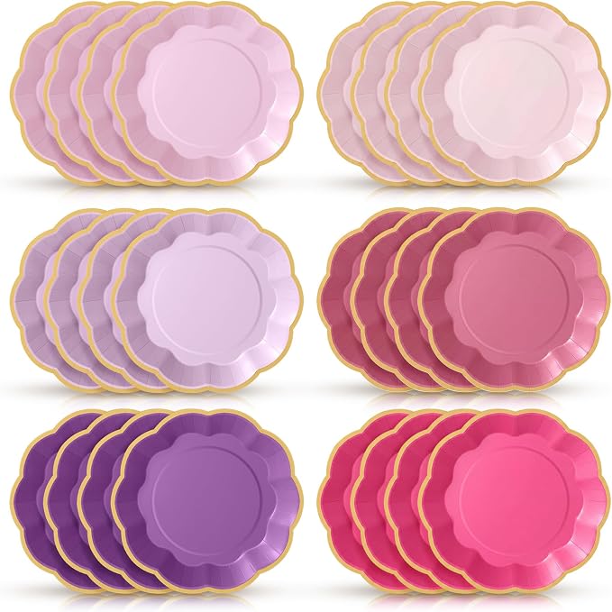 72 Pcs Pink and Purple Color Paper Plates 9 Inch Pink and Purple Gradient Scalloped Paper Disposable Dinner Dessert Plates for Birthday Wedding Bridal Party Supplies, 6 Colors