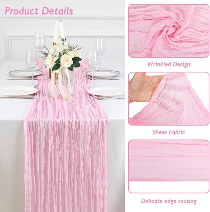 3 Pack Candy Pink Cheesecloth Table Runner 120 Inch 10FT Cheese Cloth Fabric Runners for Baby Shower, Valentine's Day, Wedding Decoration, Birthday Party