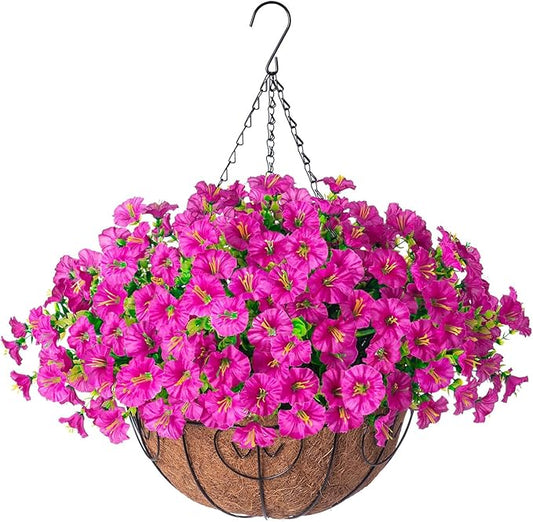 Artificial Faux Hanging Flowers Plants Basket for Outdoors Spring Decoration, UV Resistant Fake Silk Morning Glory in Planter Look Real for Outside Porch Patio Balcony Yard Garden Outdoor Decor