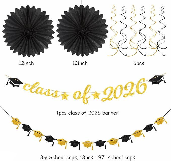 Black-Gold 2026 Class-Congratulations Graduation Party-Decorations - 22pcs High School College Grad Prom Supplies Decor, Tissue Pom Poms Streamers, Paper Flowers Lanterns Hugmoon