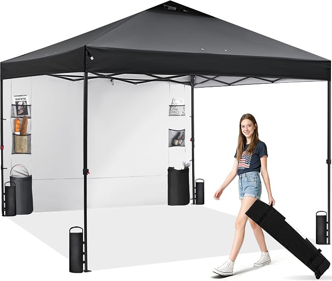 GAFETE 10×10 Pop Up Canopy Tent with 1 Pockets Sidewall, Easy up Sun Shade with One Push Setup, Portable Instant Outdoor Canopy Tent for Events Parties Camping with Carrying Bag (Black, 10x10 FT)