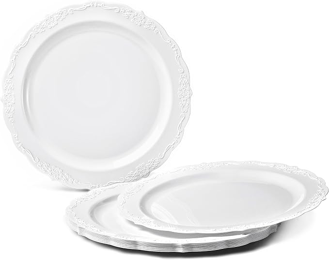 OCCASIONS Scalloped Ivory Disposable Plates for Wedding Party, 25 Guests (50 Pc) – Heavy Duty Fancy Plastic Dinnerware Set, 10" Dinner & 7.5" Salad/Dessert, BPA Free, China-Like Look, Verona in White