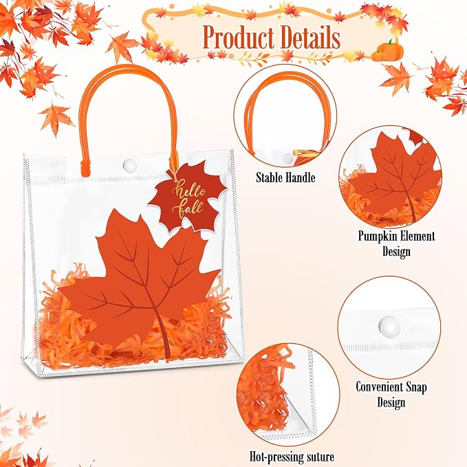 Hosuly 24 Pcs Thanksgiving PVC Gift Bags with Handles Button Reusable Clear Fall Maple Leaf Candy Treat Goodie Bags for Autumn Harvest Halloween Birthday Baby Shower Party Favors Supplies