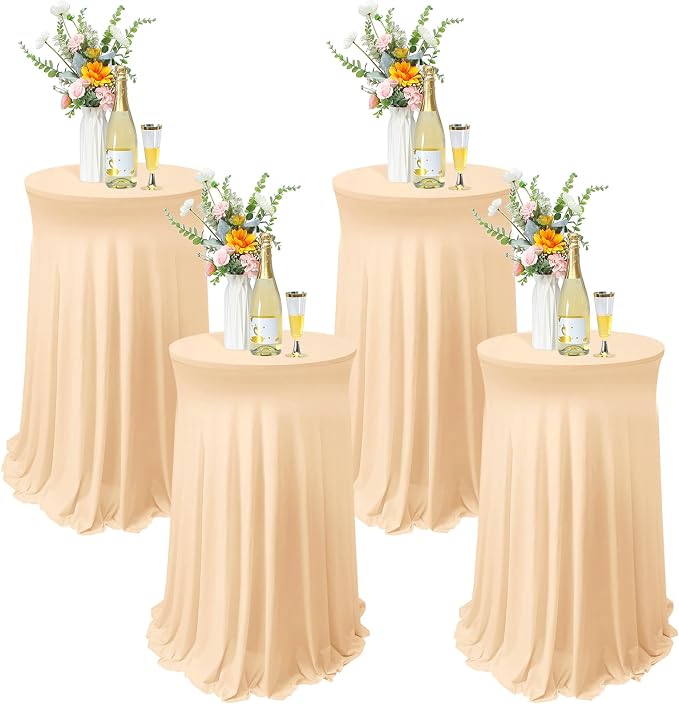 Tegeme 4 Packs Round Spandex Cocktail Tablecloths with Skirt 32 x 43 Inch Cocktail Round Table Cover Spandex Stretch Square Tablecloth Skirt for Table Bar Wedding Party Banquet (Champagne)