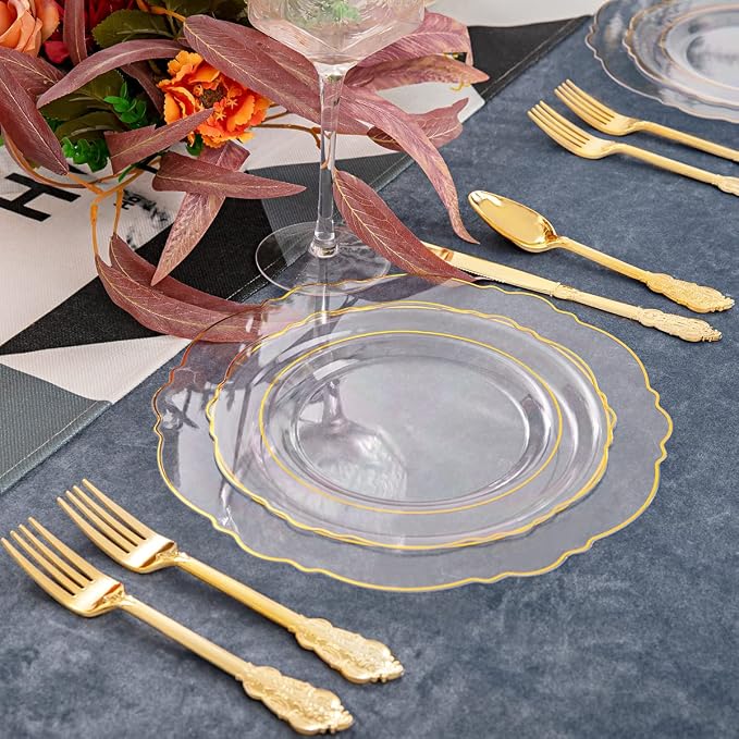 YOUBET 125PCS Gold Plastic Plates - Clear Gold Disposable Plates - 25 Guests Baroque Plastic Dinnerware Includes 25Dinner Plates, 25Dessert Plate, 75Silverware for Party & Wedding