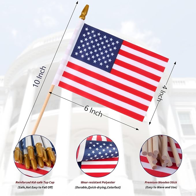 HOOSUN 6 Pcs Small American Flags On Stick,4th of July Decorations Small USA Flag On Stick,Mini 4''x6'' American Flags for Outside,Fourth of July Flag for Yard Lawn,Patriotic Memorial Day Decorations