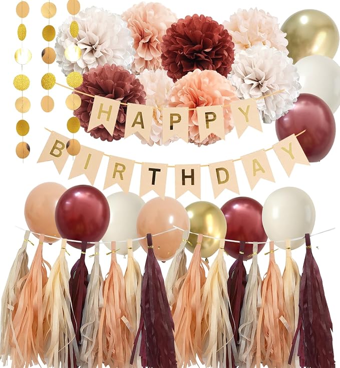 Birthday Decorations for Women in Fall Color – Maroon Peach Gold Happy birthday Decor with Balloons Banner Tissue Pompoms Paper Tassel Garland Party Supplies (Burgundy + Burnt Orange)