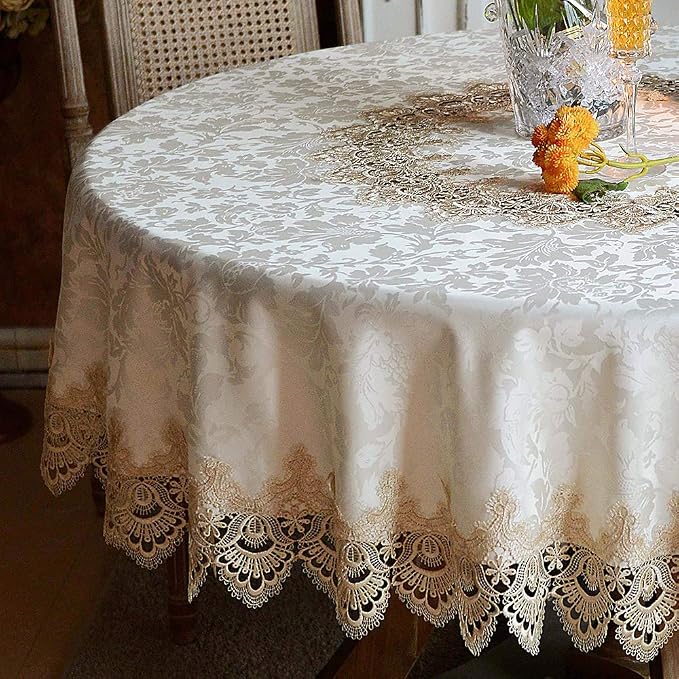 ARTABLE Round Tablecloth Lace Rustic Macrame Embroidered Table Cloths for Harvest Dresser Decor Farmhouse Kitchen Home (Light Brown, 90" Round)