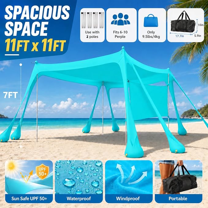 Large Beach Tent Sun Shelter with Sidewall, UPF80+ UV Protection Beach Tents Shade Canopy with 8 Sandbags, 4 Stability Poles for Sand, Camping, Fishing, Outdoor Tent Sun Shelters (11x11ft, Turquoise)