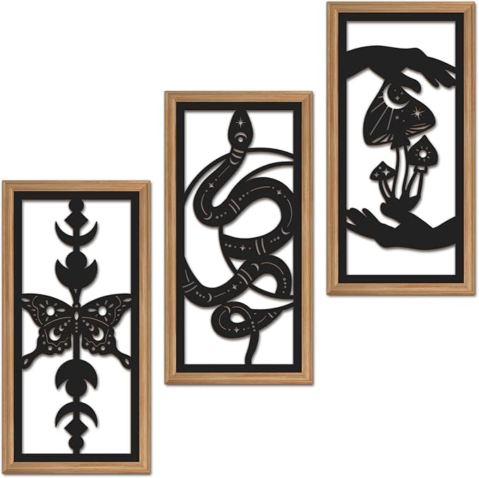 IARTTOP 3 Pcs Black Gothic Wall Art Boho Witchy Moon Phases Butterfly Wood Wall Decor Snake Decor Hanging Art Dark Mushroom Artwork Home Decor for Apartment Living Room Bedroom 7.9 x15.8 Inch