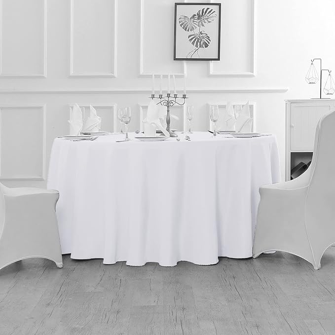 Fokitut 2 Pack Waterproof Round Tablecloth, 132 Inch, Stain Resistant and Wrinkle Polyester Table Cloth, Fabric Table Cover for Kitchen Dining, Wedding, Party, Holiday Dinner-White
