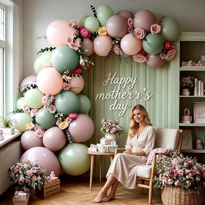 Pink Green Balloon Arch with Artificial Flowers Double Stuffed Dusty Light Pink Sage Green Balloon Garland Kit Eucalyptus Leaves for Baby Bloom Birthday Bridal Shower Mother's Day Party Decorations