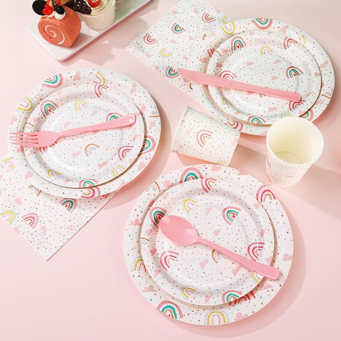 Boho Rainbow Birthday Decorations for Girl, 168Pcs Rainbow Plates and Napkins Party Supplies, Rainboww Party Plates Serve 24,Baby Shower for 1st 3rd 4th 5th Girl Birthday Decorations