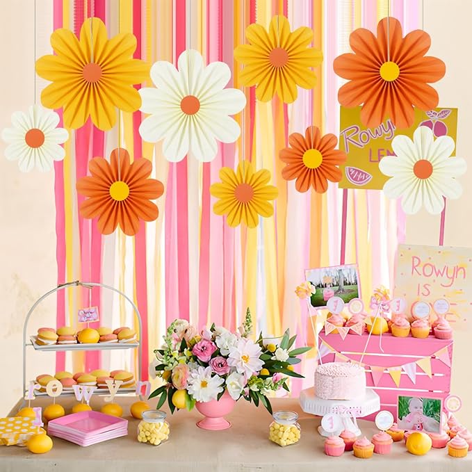 DODOKIM Paper Fans Party Decorations Paper Flowers Decorations for Wall Floral Backdrop Classroom Baby Shower Birthday Party Flower Wall Decor Pack of 9 Orange Yellow Ivory