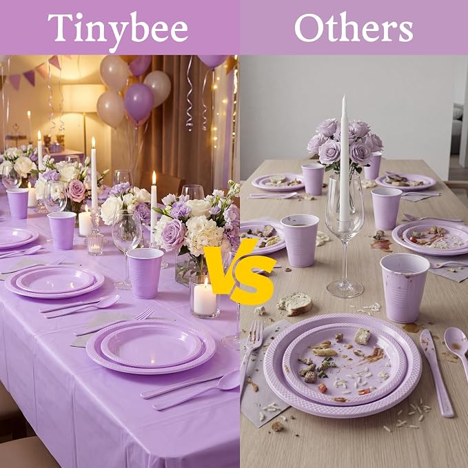 352 Pcs Lilac Plastic Plates Party Set, 50 Guests Disposable Dinnerware Set with Light Purple Tablecloths, Soft Lilac Plastic Plates Party Set for Baby Shower/Bridal Shower/Tea Party/Spring Event