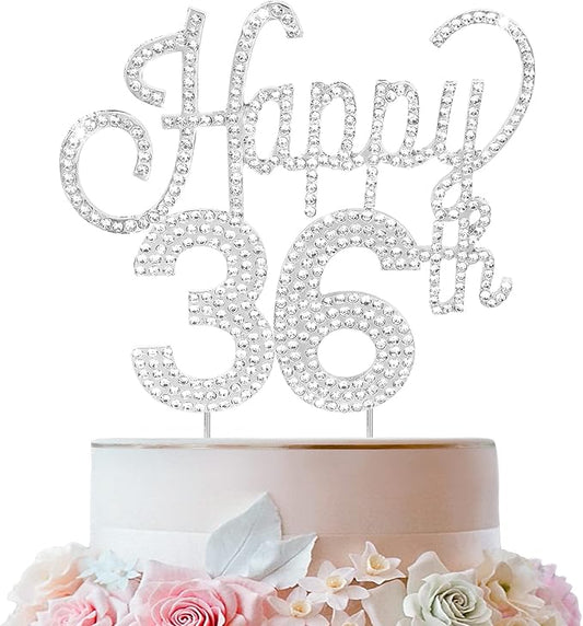 LINGTEER Happy 36th Birthday Silver Rhinestone Cake Topper - Cheers to 36th Birthday 36 Years Old Anniversary Party Cake Centerpieces Topper Decorations Gift Sign.