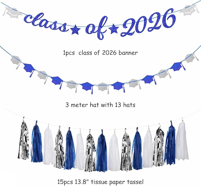 Navy-Blue White Silver Graduation Party-Decorations Garland - 31pcs Congrats Grad Class 2026 Banner,Hat Hanging Streamers,College High School Congratulations Master Classroom Backdrop Decor Burgleda