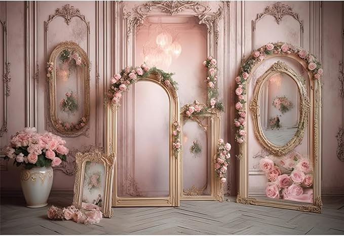 YongFoto European Retro Elegant Room Interior Wall Backdrop 7x5ft French Arched Oil Painting Frame Floral Vase Garland Photography Background Wedding Party Home Art Decor Portrait Photoshoot Props
