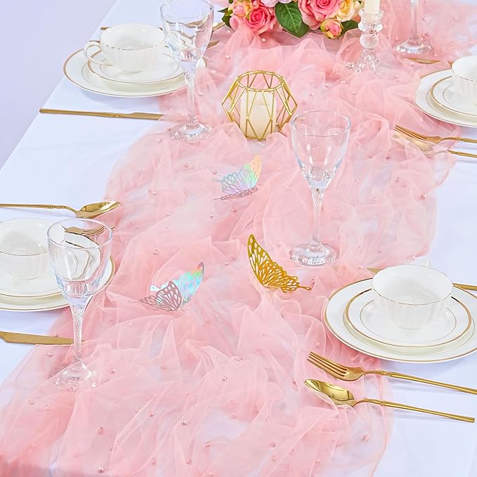 Pearl Tulle Table Runner Fabric: 10ft Wedding Veil Seasonal Dessert Chiffon Pearl Lace Boho Overlay Mother's Day Wedding Aisle Runner Party Decorations Doilies