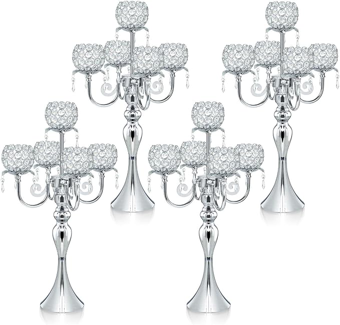 5 Arm Elegant Crystal Candle Holder,Candlestick for Wedding Table Centerpiece, 22 Inch Tall Candle Holder Table Candelabra Event Party Table Centerpiece,Home Decoration. (4, Silver, Round Crystal)
