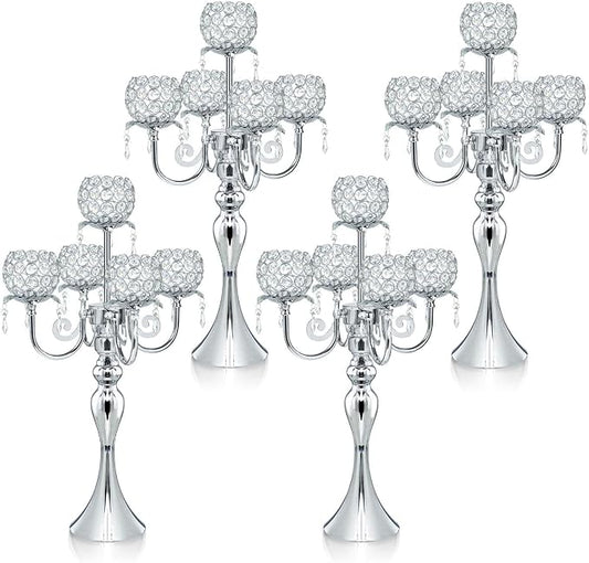 5 Arm Elegant Crystal Candle Holder,Candlestick for Wedding Table Centerpiece, 22 Inch Tall Candle Holder Table Candelabra Event Party Table Centerpiece,Home Decoration. (4, Silver, Round Crystal)