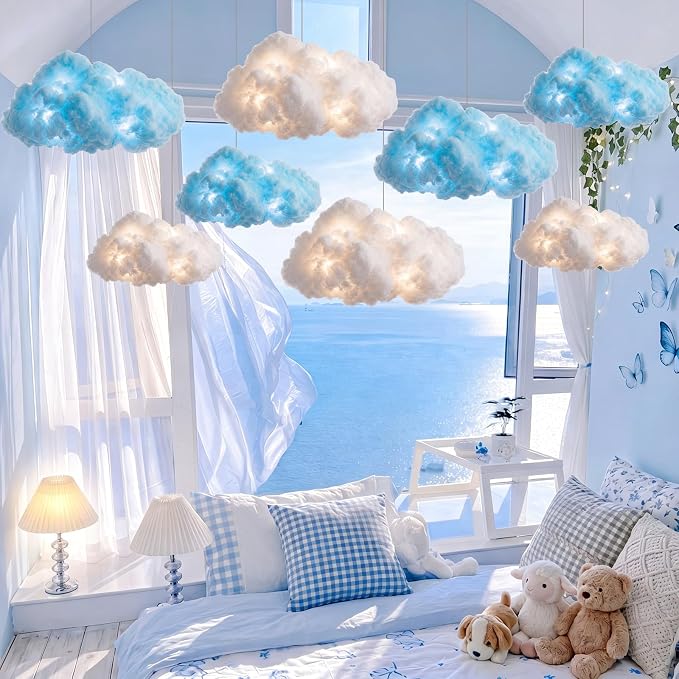 Lewtemi 8 Pcs Artificial Cloud Props with Lights 3D Fluffy Cotton Clouds Decorations 2 Sizes Hanging Clouds with Strings Hooks for Ceiling Room Wedding Party Classroom DIY Kit(White and Light Blue)