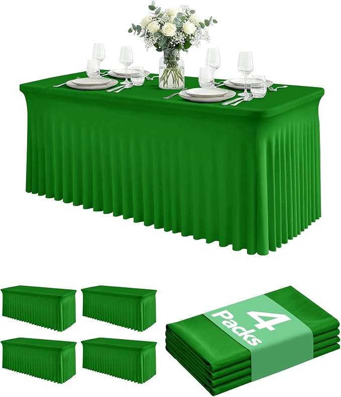 4 Pack Spandex Table Cover Skirts for 6ft Rectangle Tables, Green Stretch Table Cloths with Floor-Length Ruffle, Elastic Fitted Skirted Tablecloth for Elegant Wedding Banquet Party Buffet Decoration