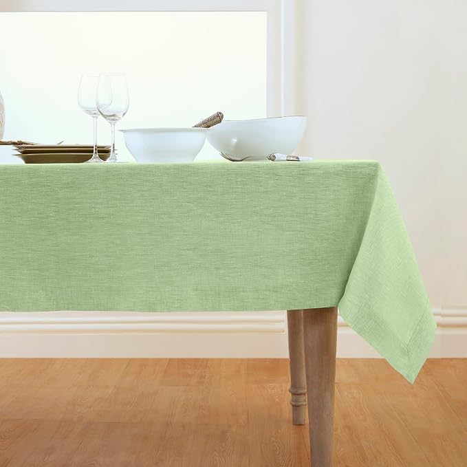 Solino Home Linen Tablecloth 60 x 90 Inch - 100% Pure Linen Chambray Green Table Cloth for Rectangle Tables - Athena, Machine Washable Tablecloth for Summer